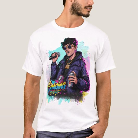 Graffiti Pop Singer met Mic & Spray Can T-shirt (Voorkant)