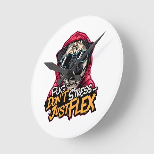 Graffiti Pug Wall Clock – “Pug Don’t Stress  Ronde Klok (Hoek)