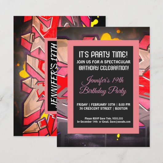 Graffiti Red Letters Birthday Invitation Kaart (Voorkant / Achterkant)