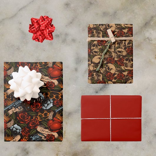 Graffiti Schedel Pistoolrozen Liefde Gothisch sted Inpakpapier Vel