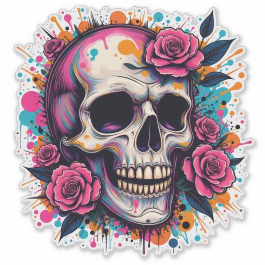 Graffiti Schedel & Rozen Sticker (Voorkant)