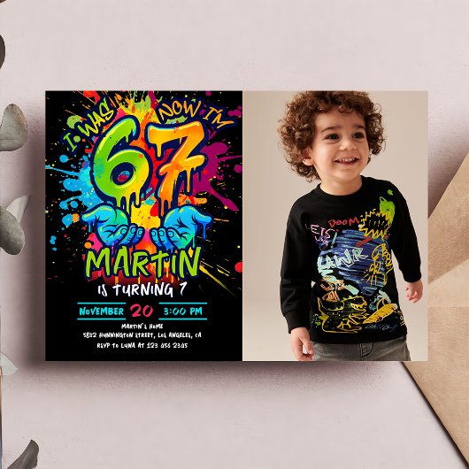 Graffiti Six Seven Kids Birthday Invitation Kaart