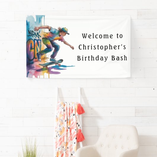 Graffiti Skateboarder Birthday Bash Welcome Sign Spandoek (Insitu)