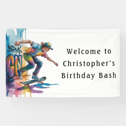 Graffiti Skateboarder Birthday Bash Welcome Sign Spandoek (Horizontaal)