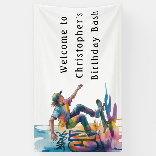 Graffiti Skateboarder Birthday Bash Welcome Sign Spandoek (Verticaal)