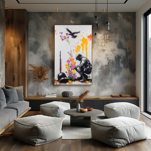 Graffiti Soldaat & Bloemen – Vreedzame Protestkuns Poster