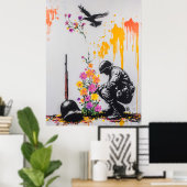 Graffiti Soldaat & Bloemen – Vreedzame Protestkuns Poster (Thuiskantoor)