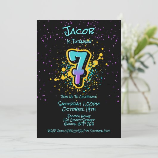 Graffiti splatter Age Seven Invitation Kaart (Staand voorkant)