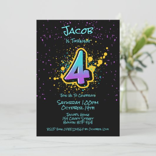 Graffiti Splatter Age Vier Uitnodiging (Staand voorkant)