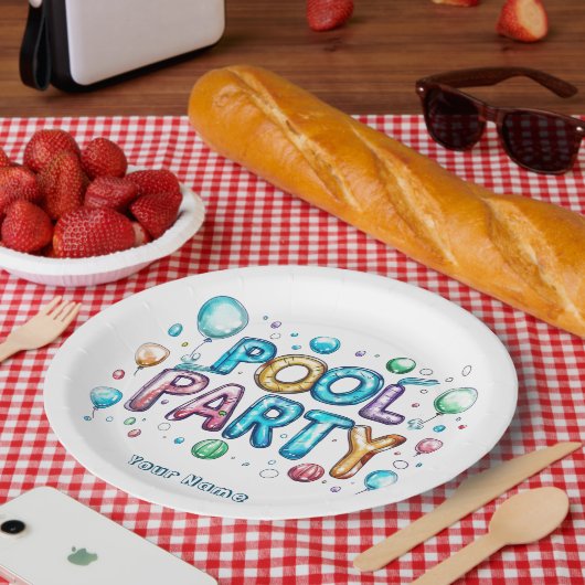 Graffiti Stijl belettering en ballonnen in zwembad Papieren Bordje (Picknick)