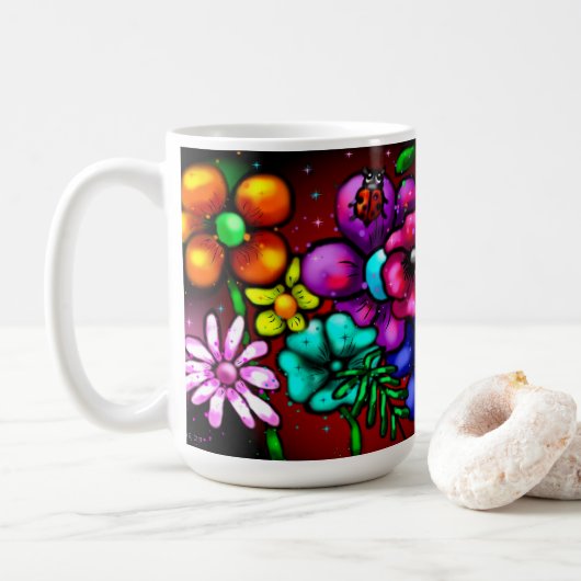 Graffiti-stijl bloemen lieveheersbeestje koffiemok (Met donut)