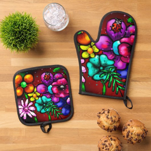 Graffiti-stijl bloemen lieveheersbeestje ovenwant & pannenlap set (Top down)