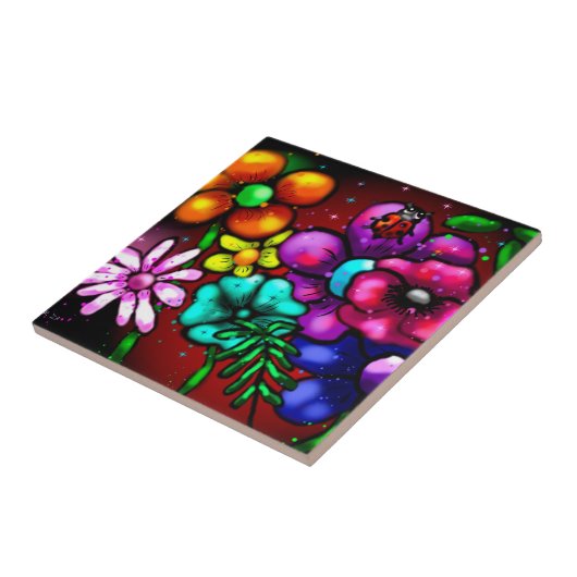 Graffiti-stijl bloemen lieveheersbeestje tegeltje (Zijkant)