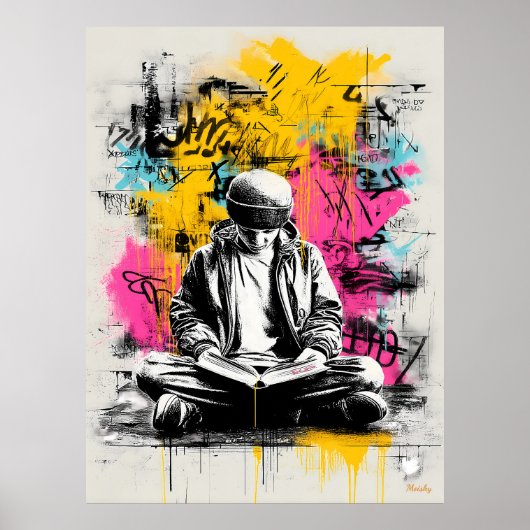 Graffiti-straatkunstposter – Jongen leest in de st Poster (Voorkant)