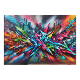 Graffiti Streetart auf Ziegelwand mit Skyline  Foto Afdruk