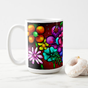 Graffiti Style Flowers & Ladybug Roze Paarse Rood Koffiemok