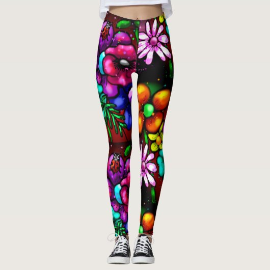 Graffiti Style Flowers & Ladybug Roze Paarse Rood Leggings (Voorkant)