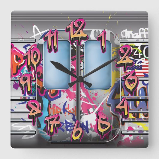 Graffiti Subway Train Vierkante Klok (Voorkant)