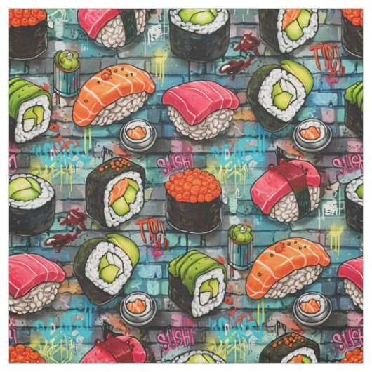 Graffiti Sushi Naadloos Patroon Stof (Swatch)