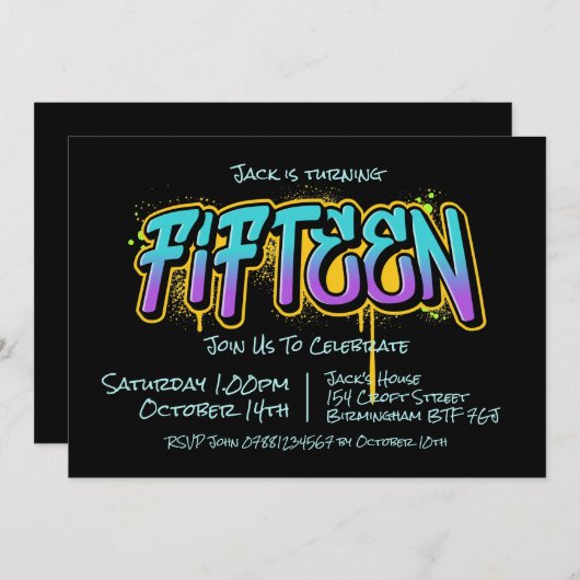 Graffiti Teen 15 uitnodiging (Voorkant / Achterkant)