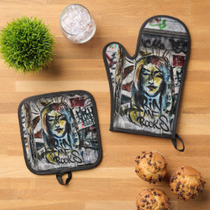 Graffiti Urban Street Cool Grunge Modern Uniek Ovenwant & Pannenlap Set