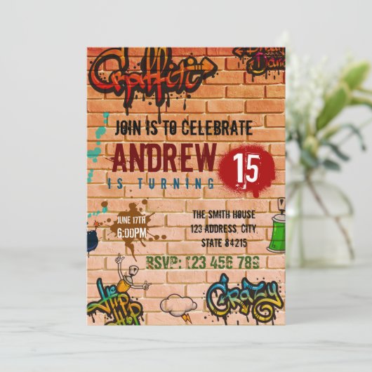 Graffiti verjaardagsfeest uitnodiging (Staand voorkant)