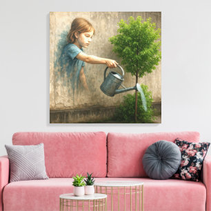 Graffiti voor meisjes die een stadsboom water geve canvas afdruk
