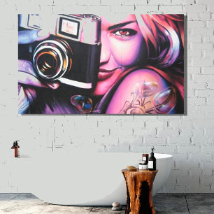 Graffiti Vrouw met Camera Canvas Afdruk