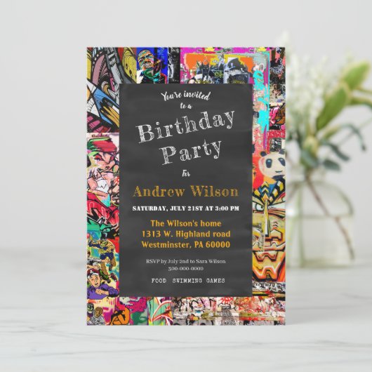 Graffiti wandcollage met krijtbord kaart (Staand voorkant)