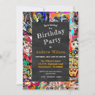 Graffiti wandcollage met krijtbord kaart