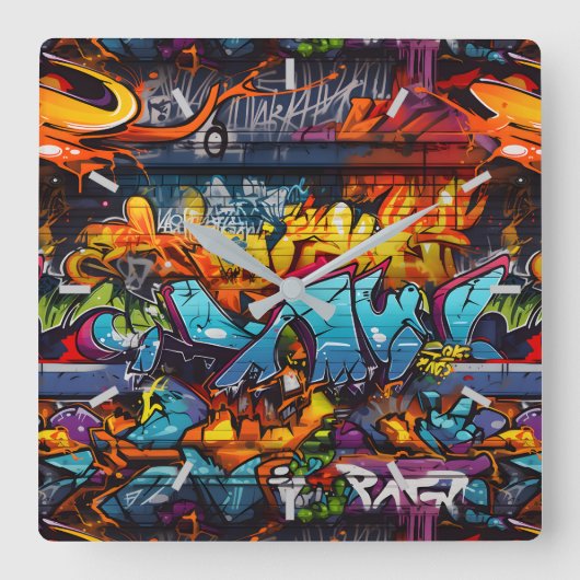 graffiti-wandklok vierkante klok (Voorkant)