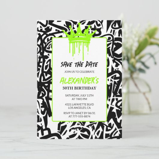 Graffiti Zwart Groen 30e verjaardag Save the Date Kaart (Staand voorkant)