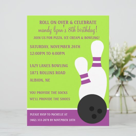 Grafiek/Limoen op over Bowling Birthday Party Kaart (Staand voorkant)