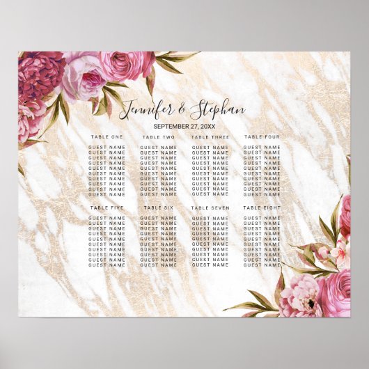 Grafiek met roze Floral Gold Marble Poster (Voorkant)