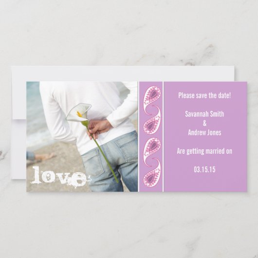 Grafiek & Roze Paisley sparen de Datum met Uw Foto Save The Date (Voorkant)