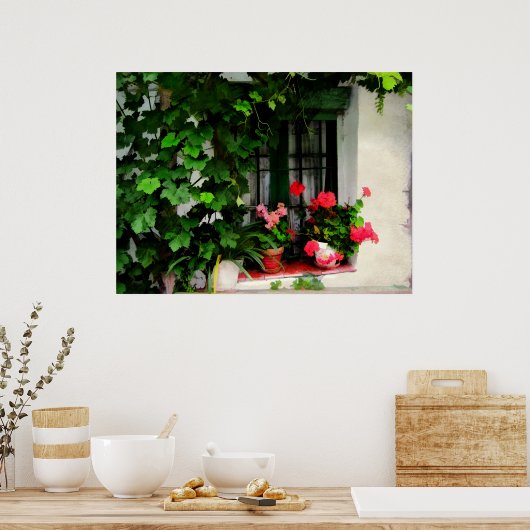Grafieken en Geraniums rond een raam Poster (Keuken)