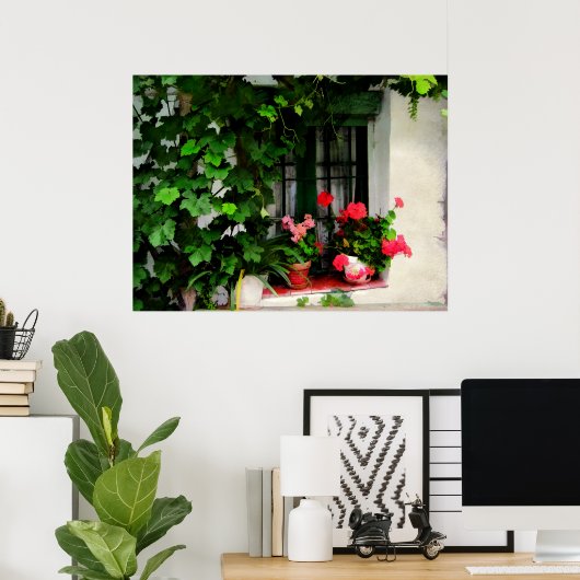 Grafieken en Geraniums rond een raam Poster (Thuiskantoor)