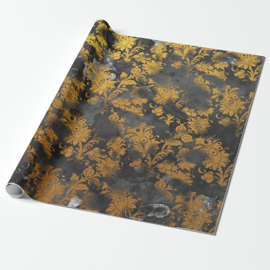 Grafiet Grijs Goud Zwart Bloemen Grungy Chic Cadeaupapier (Uitgerold)