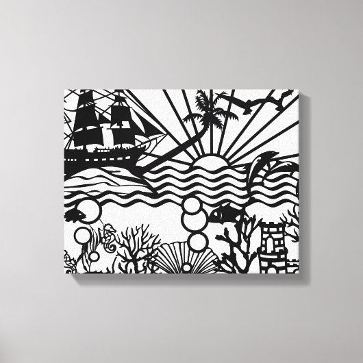 Grafisch B&W zeilschip onder water Canvas Afdruk (Voorkant)