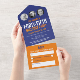 Grafisch blauw oranje fotocirkels 45e verjaardag all in one uitnodiging