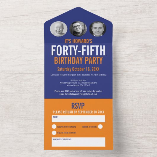 Grafisch blauw oranje fotocirkels 45e verjaardag all in one uitnodiging (Binnen)