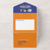 Grafisch blauw oranje fotocirkels 65e verjaardag all in one uitnodiging (Buitenkant)