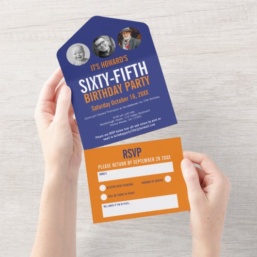 Grafisch blauw oranje fotocirkels 65e verjaardag all in one uitnodiging (Afscheurbaar)