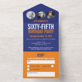 Grafisch blauw oranje fotocirkels 65e verjaardag all in one uitnodiging (Binnen)