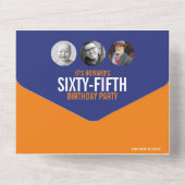 Grafisch blauw oranje fotocirkels 65e verjaardag all in one uitnodiging (Achterkant)