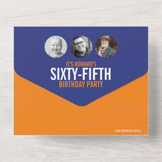 Grafisch blauw oranje fotocirkels 65e verjaardag all in one uitnodiging (Achterkant)