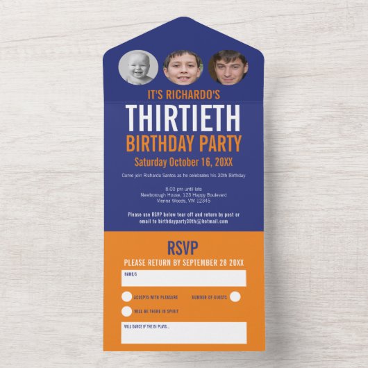 Grafisch blauw sinaasappel foto cirkels 30ste verj all in one uitnodiging (Binnen)