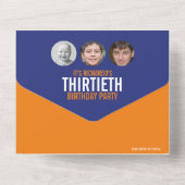 Grafisch blauw sinaasappel foto cirkels 30ste verj all in one uitnodiging (Achterkant)