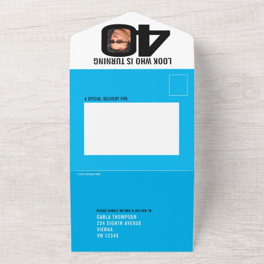 Grafisch blauw zwart 40th Verjaardagsfeestfoto All In One Uitnodiging (Buitenkant)