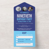 Grafisch blauwe cyaan fotocirkels 90e verjaardag all in one uitnodiging (Binnen)